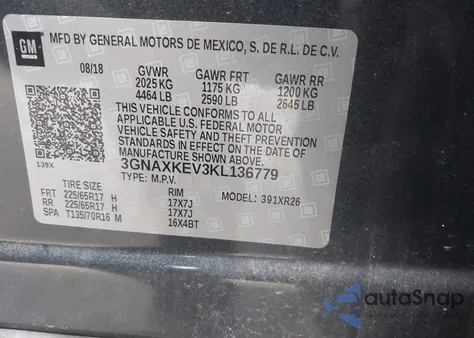 2019 Chevrolet Equinox Lt z USA, uszkodzony, nr VIN 3GNAXKEV3KL136779